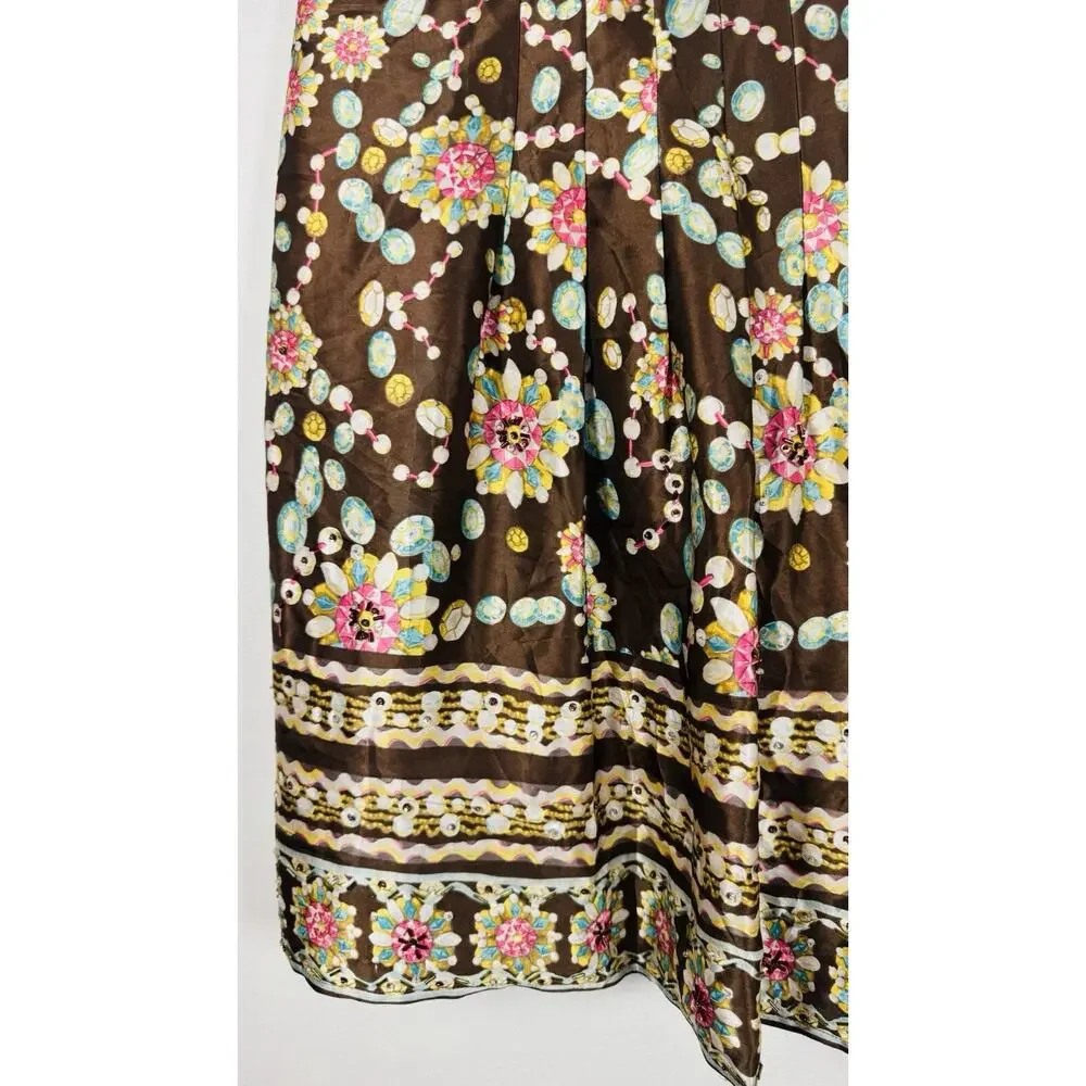 New York City Design Co Brown Gem Print Beaded Sequin Skirt 8 Petite Pleated